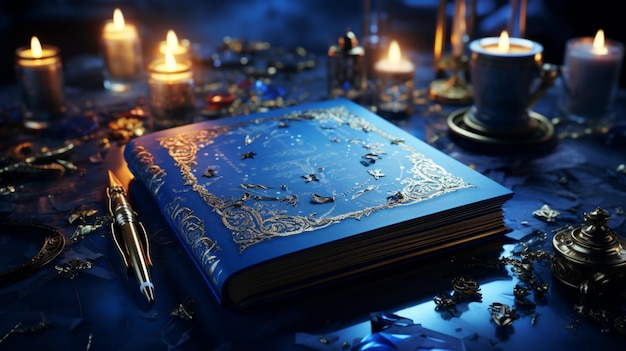 light blue notebook and a pen on dark blue background