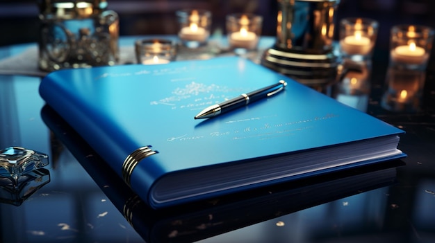 light blue notebook and a pen on dark blue background