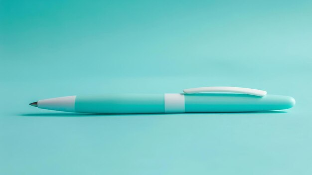 Light blue plastic ballpoint pen on a blue background The pen is lying on its side The pen is a smooth plastic with a shiny finish