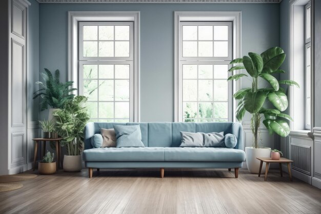 Light blue retro sofa with pillows green tropical fern plants and a low sill window can all be found in a modern loft living room with plywood walls and a hardwood floor Interior mockup in a straig