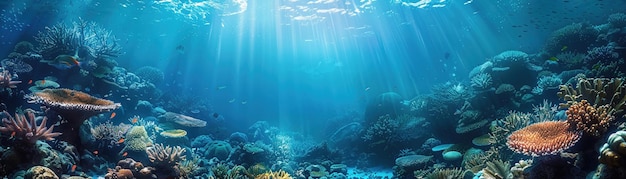 Light blue sea floor near a coral reef