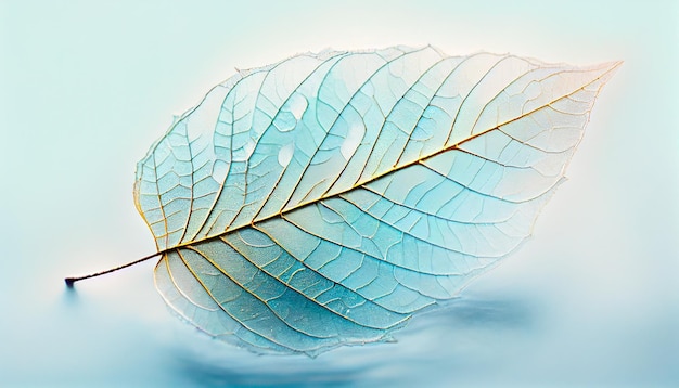 Photo light blue transparent skeleton leaf on a blue background generative ai