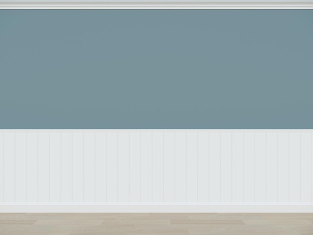 나무 바닥 3d 렌더링 빈 방이 있는 밝은 파란색 벽