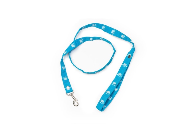 Light blue with white dog footprints hook leash on a white background with copy space