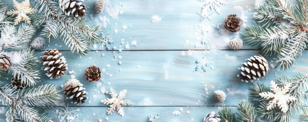 Photo light blue wooden background with snow and pine cones snowflakes christmas decorations