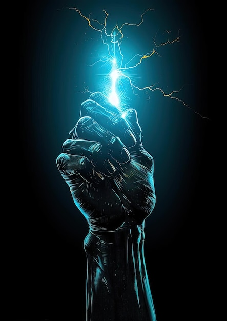 Photo a light bolt is striking from a mans fist in the style of dark turquoise