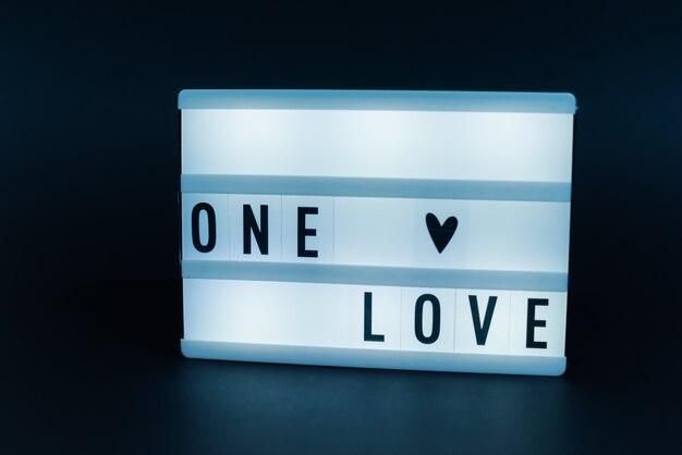 light box with text, ONE LOVE, over  dark wall