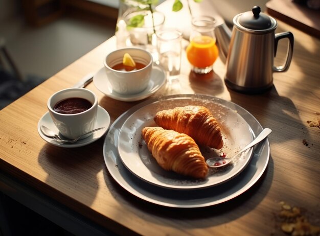 Light breakfast background with croissants