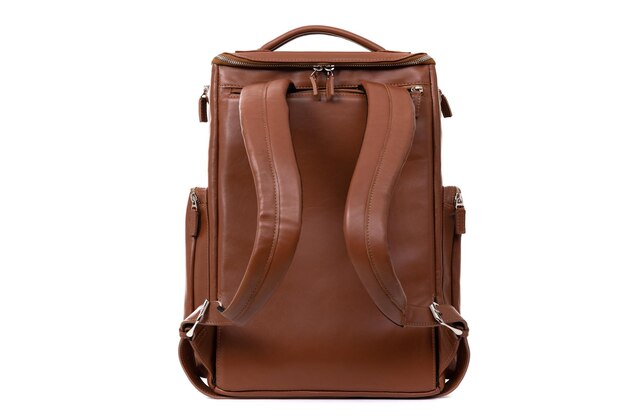 Light brown backpack made of genuine leather on a white background back view