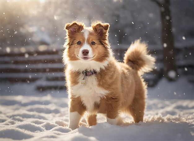Легкий коричневый border collie щенка walkingon в снежный день
