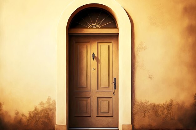 Light brown front door of house against background of beige wall