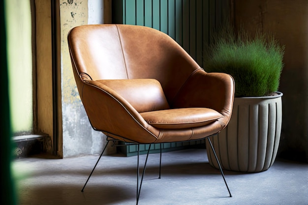 Photo light brown leather chair on thin metal legs