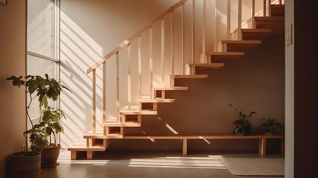 A light brown staircase with a plant on the bottom and a light brown rug on the floor.