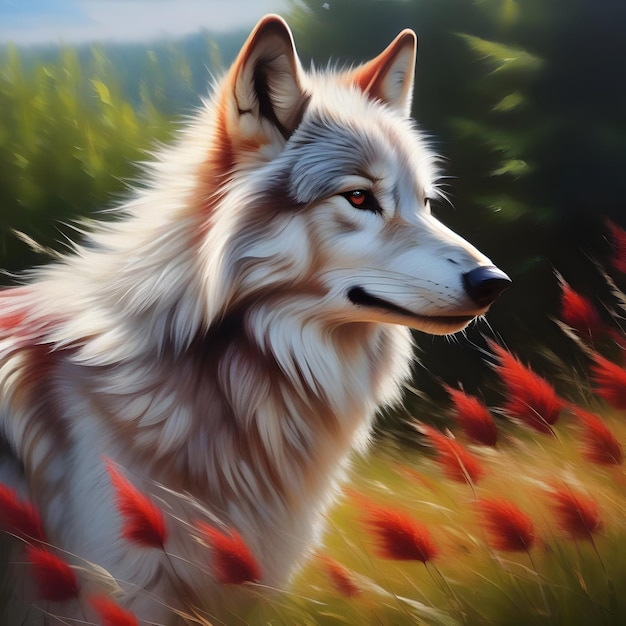 Light brown and white wolf with red flowers painting