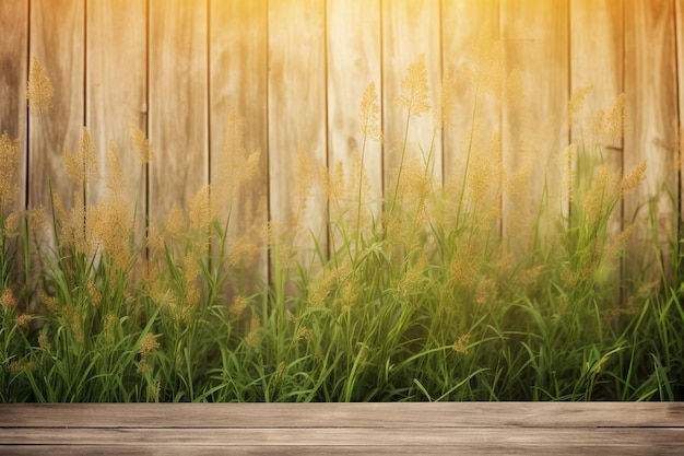 Photo light brown wood background with green grass