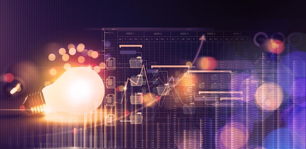 Lampadina 3d con soluzione di analisi della strategia di pianificazione degli sfondi del grafico della rete di marketing