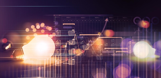 Foto lampadina 3d con soluzione di analisi della strategia di pianificazione degli sfondi del grafico della rete di marketing