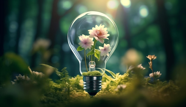 Light Bulb Amidst Forest Surrounded by Grass and Flowers Contains Plants Within a NatureInspired