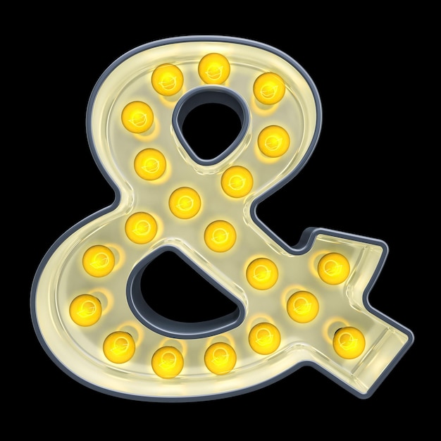 Photo light bulb ampersand symbol retro glowing font 3d rendering