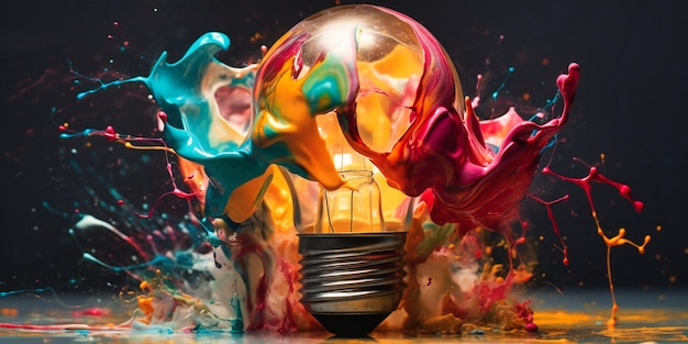 A light bulb being colored by paint splash