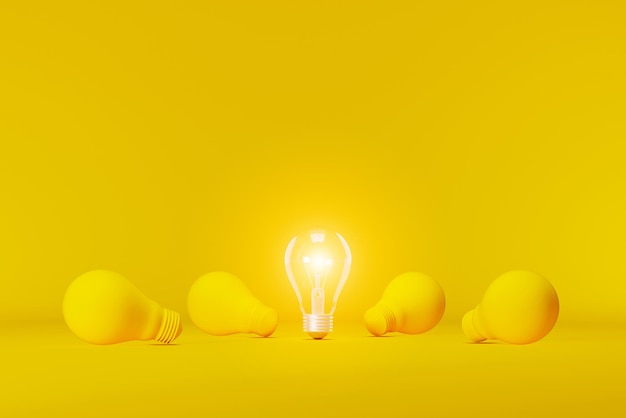 Lampadina brillante eccezionale tra lampadina su sfondo giallo. concetto di idea creativa e innovazione, unico, pensa in modo diverso, individuale e che si distingue dalla massa. illustrazione 3d