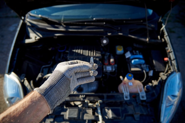 Light bulb for a car's headlights in male hand, car with an open hood.