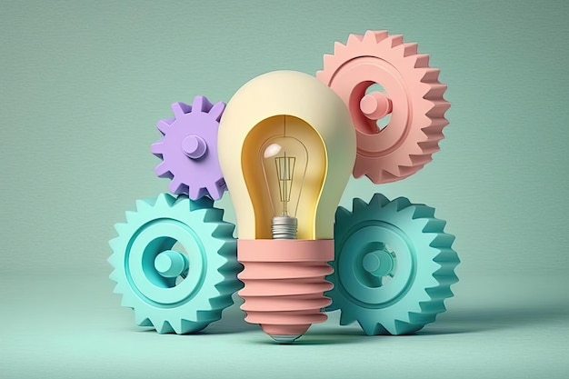 Light bulb in the center surrounded by gears and machinery against a soft pastel background The image conveys a sense of technological advancement and innovation Generated by AI