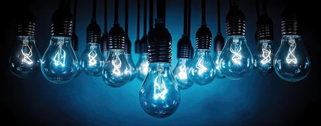 Foto concetto di lampadina lampadine blu su sfondo nero nello stile dell'esposizione multipla