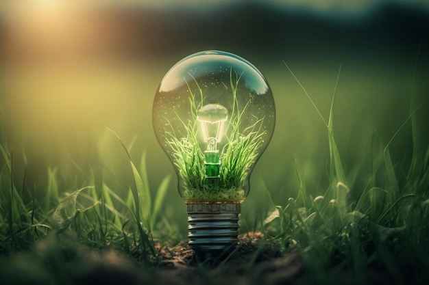 Light bulb the concept of environmental social and governance in a sustainable and ethical business on a network connection on a green background AI Generation