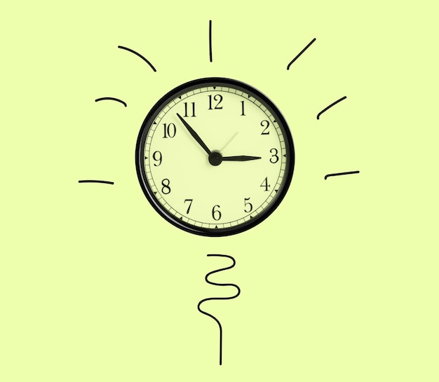 light bulb concept with clock on yellow background idea time concept