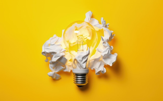 Light bulb and crumpled white paper on yellow background ideas and business concept generative ai