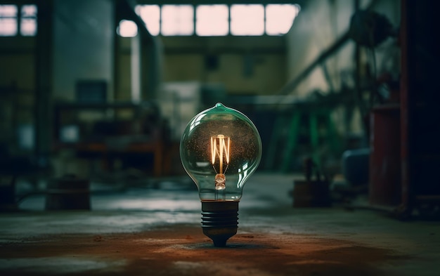 A light bulb in a dark room with a green lightbulb in the middle.