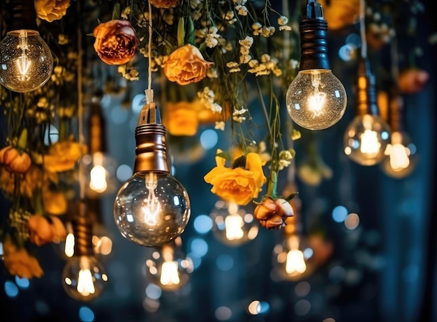 写真 アウトドアパーティーでの電球の装飾 発光電球で飾られた花を飾ったガーランド オリジナルの結婚式の花の装飾 ミニ花瓶と花を吊るす
