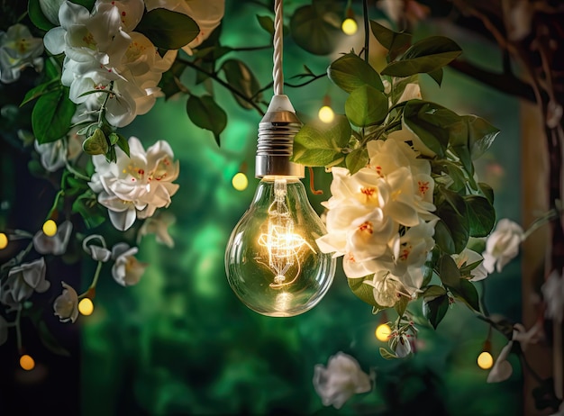 Light bulb decor in outdoor party Garland with luminous bulbs decorated flowers Original wedding floral decoration Minivases and flowers hanging