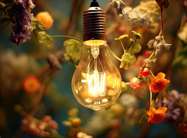 アウトドアパーティーでの電球の装飾 発光電球で飾られた花を飾ったガーランド オリジナルの結婚式の花の装飾 ミニ花瓶と花を吊るす