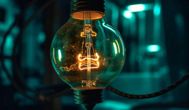 Light bulb on electric wire with glow in dark background idea