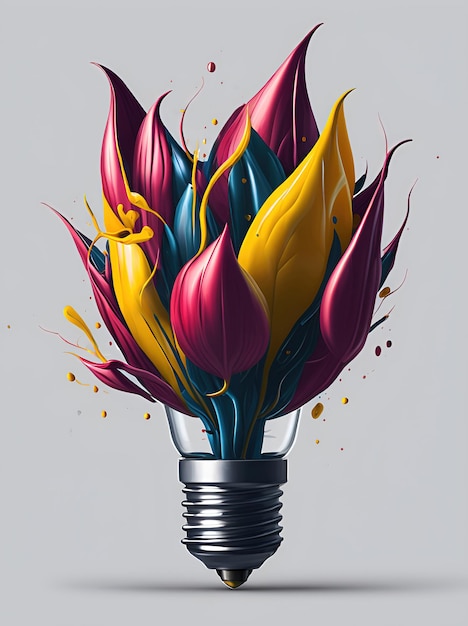 写真 電球エネルギー チューリップの花スプラッシュ スタイルの色とりどりの花の超詳細なイラスト