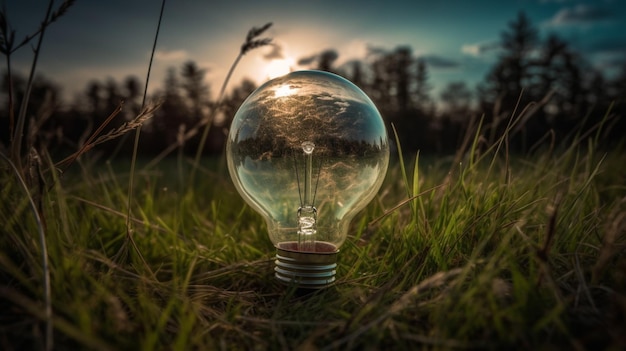 A light bulb in a field with the sun setting behind it