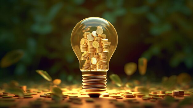 A light bulb filled with coins symbolizing financial savings or ideas for making money