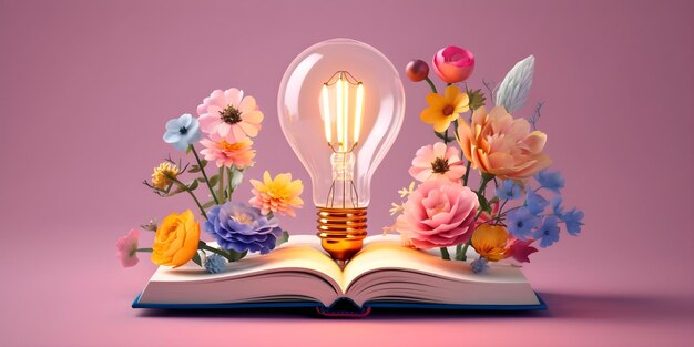 Photo a light bulb and flowers on an open book