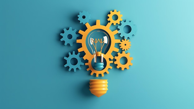 A light bulb and gears on a blue background The gears are connected to each other and the light bulb is in the center