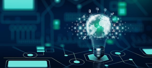 Tecnologia aziendale globale della lampadina e comunità di rete di persone. connessione idea e idea per una rete efficace. concetto di media misti. fondo blu astratto e illustrazione 3d.