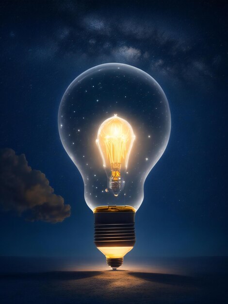 A light bulb glowing in the dark with stars in the background