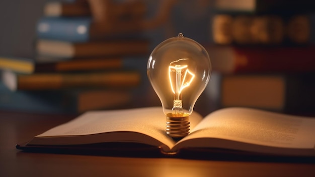 Light bulb glowing on an open book with books in the backgroundgenerative ai