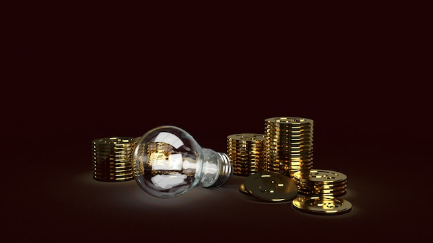 Light bulb and gold coons on dark, 3d rendering.