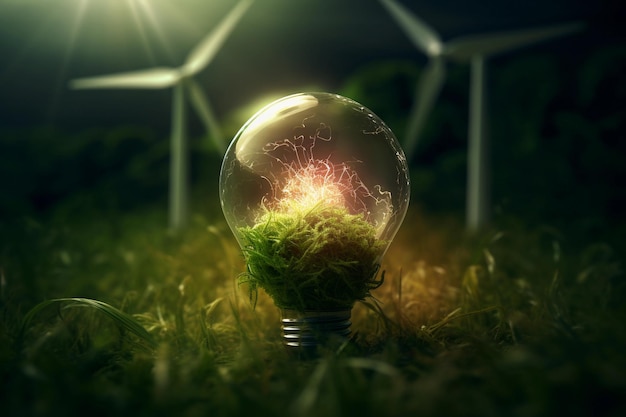 Photo light bulb and green clean energy concept renewable wind and solar energy symbol generative ai