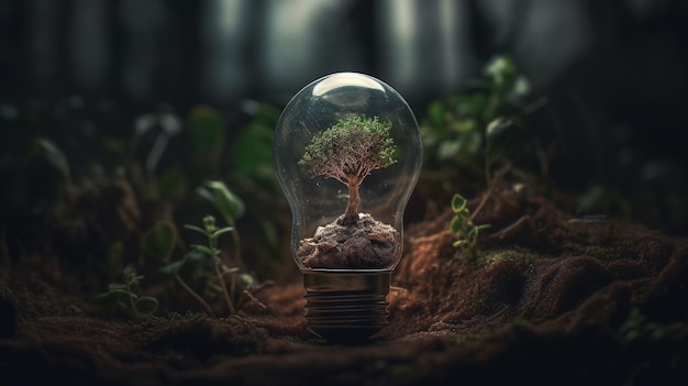 Light bulb on green grass and sunlight in nature concept of energy saving generative ai