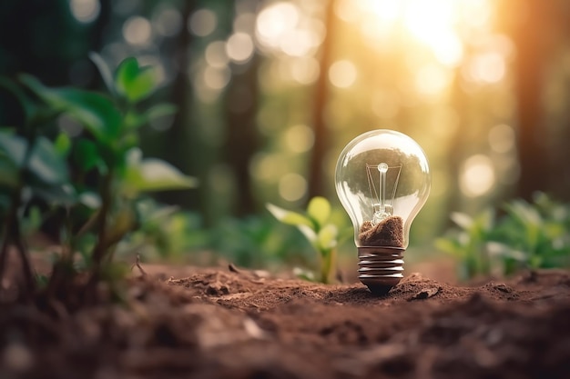 Light bulb growing in the forest renewable energy sources energy conservation global warming AI