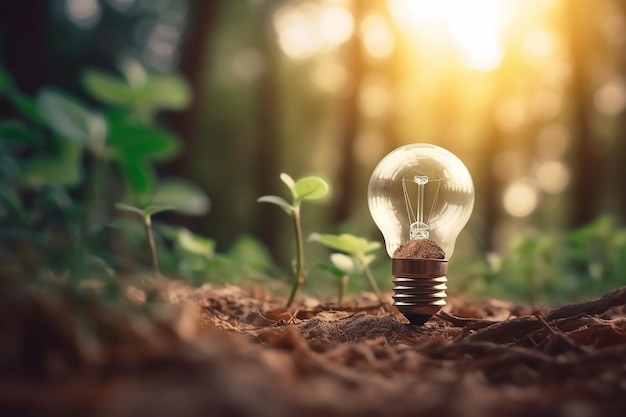 Light bulb growing in the forest renewable energy sources energy conservation global warming AI