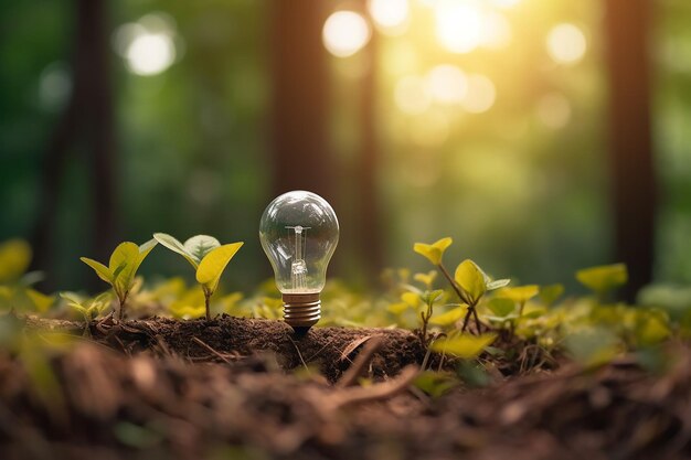 Light bulb growing in the forest renewable energy sources energy conservation global warming AI